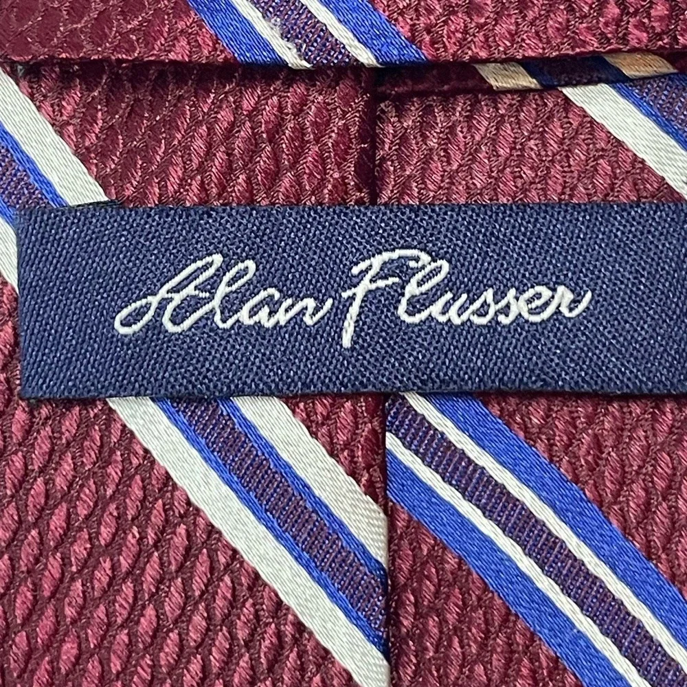 Alan Flusser Men's Necktie Maroon Blue‎ White Striped